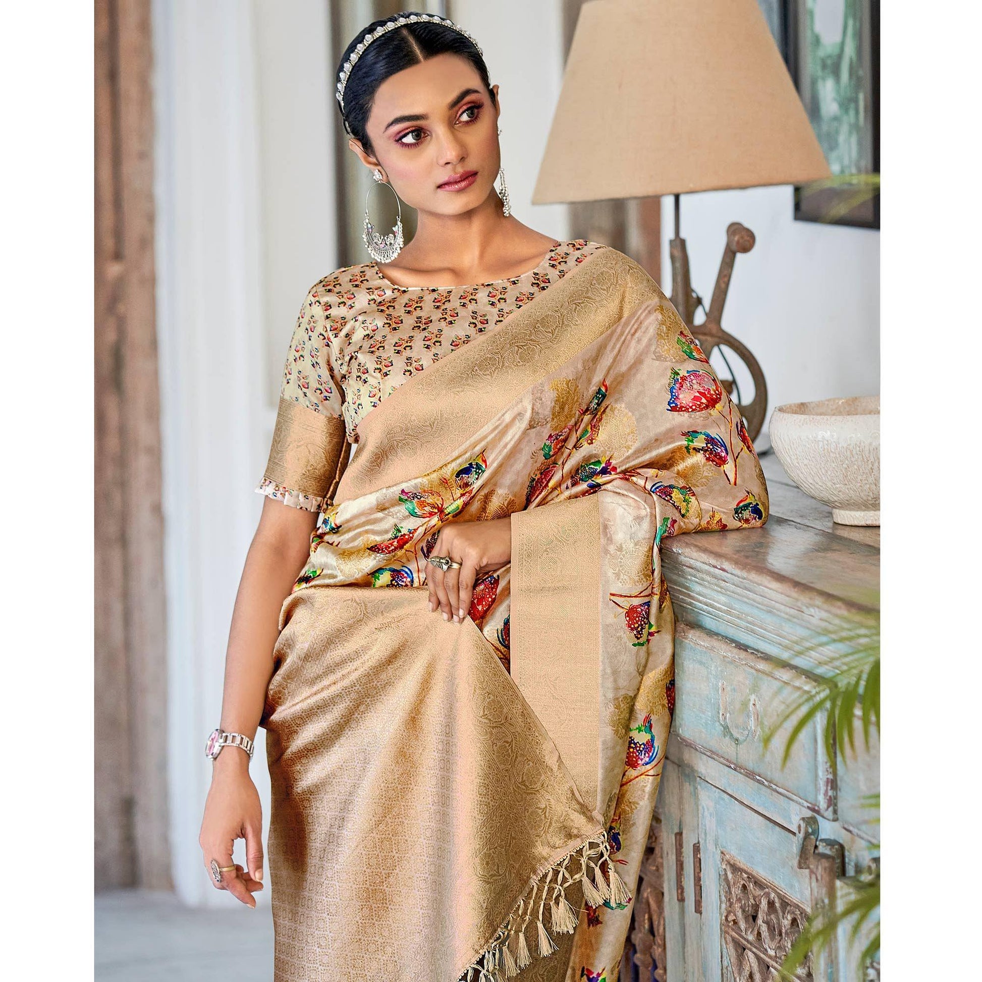 Light Brown Festive Wear Floral Printed With Woven With Woven Jacquard Saree