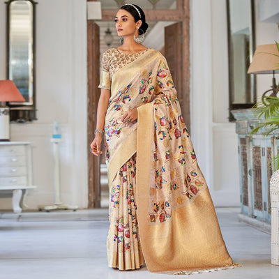 Light Brown Festive Wear Floral Printed With Woven With Woven Jacquard Saree