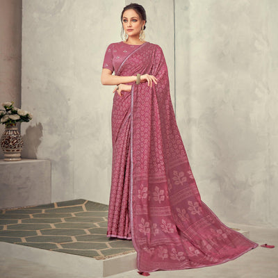 Light Brown Festive Wear Print With Lace Border Brasso Silk Saree