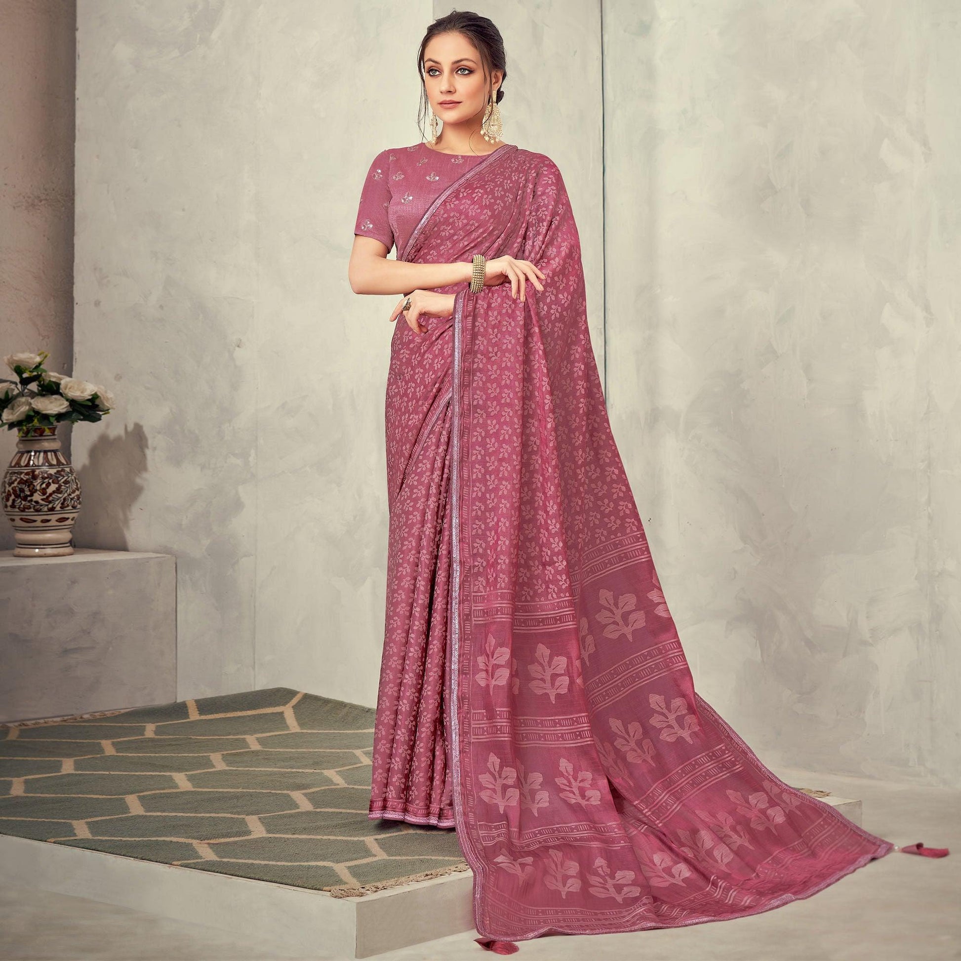 Light Brown Festive Wear Print With Lace Border Brasso Silk Saree