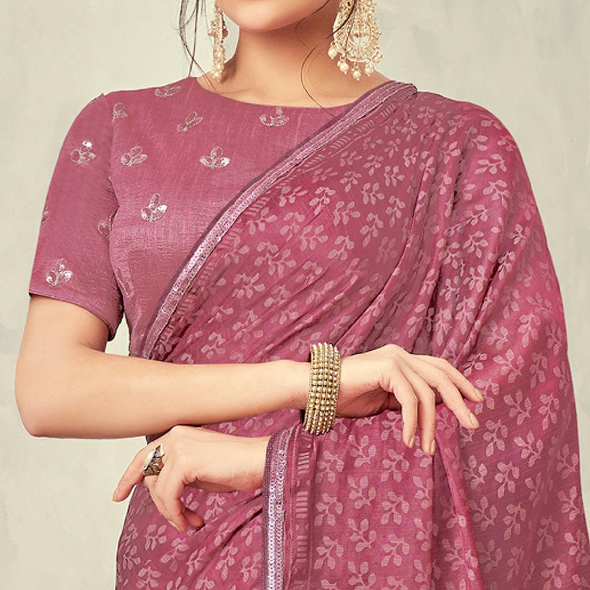 Light Brown Festive Wear Print With Lace Border Brasso Silk Saree