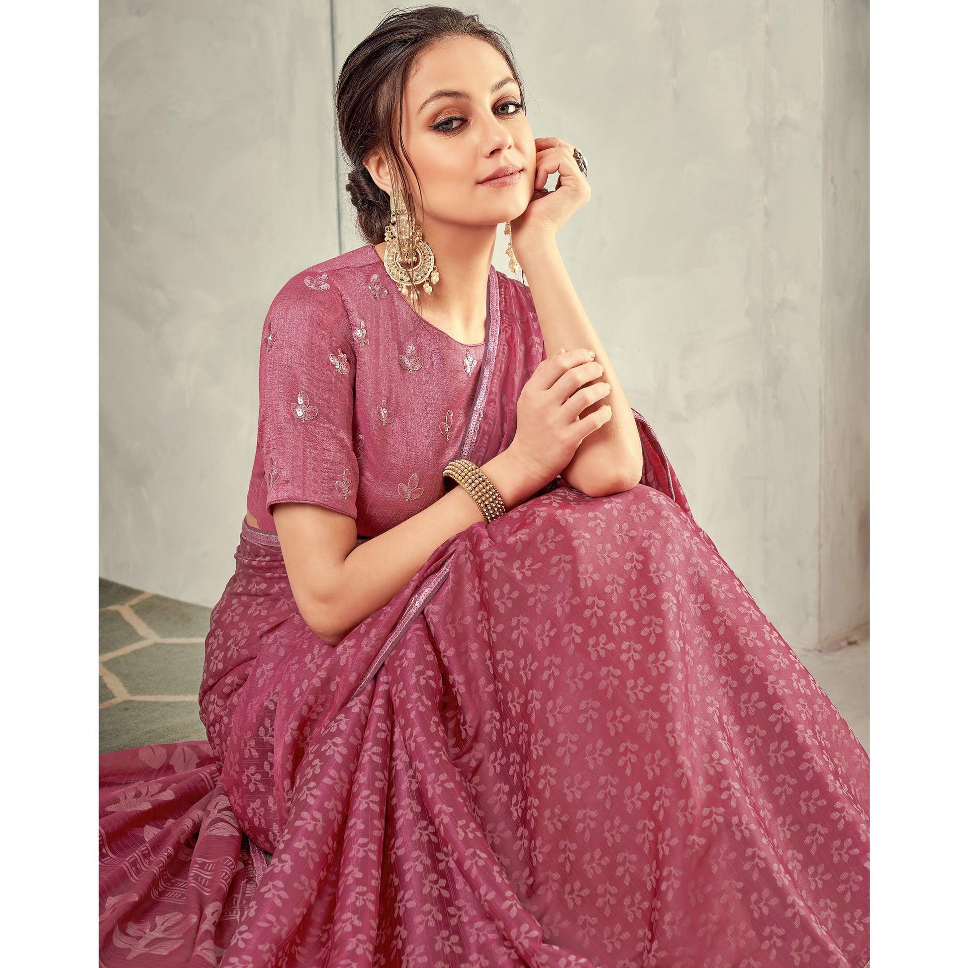 Light Brown Festive Wear Print With Lace Border Brasso Silk Saree