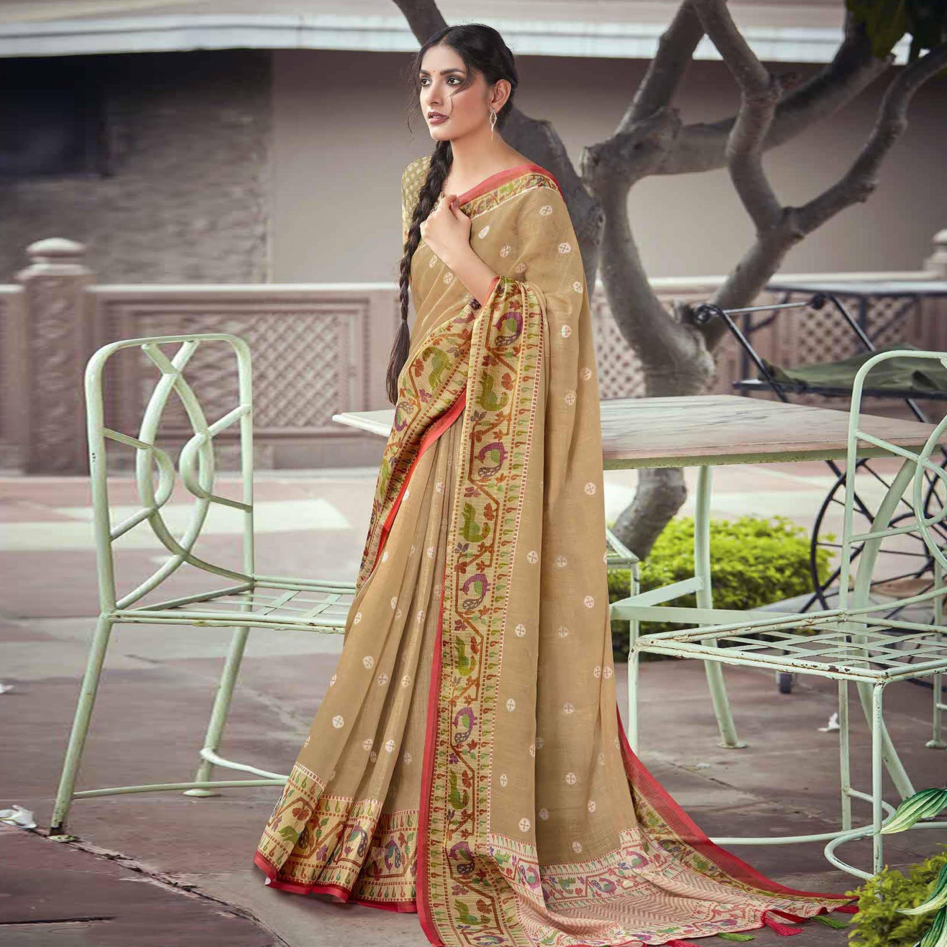 Light Brown Festive Wear Printed Linen Saree With Border