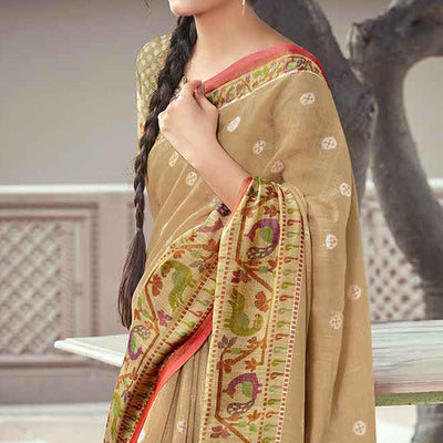 Light Brown Festive Wear Printed Linen Saree With Border