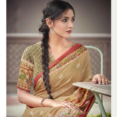 Light Brown Festive Wear Printed Linen Saree With Border