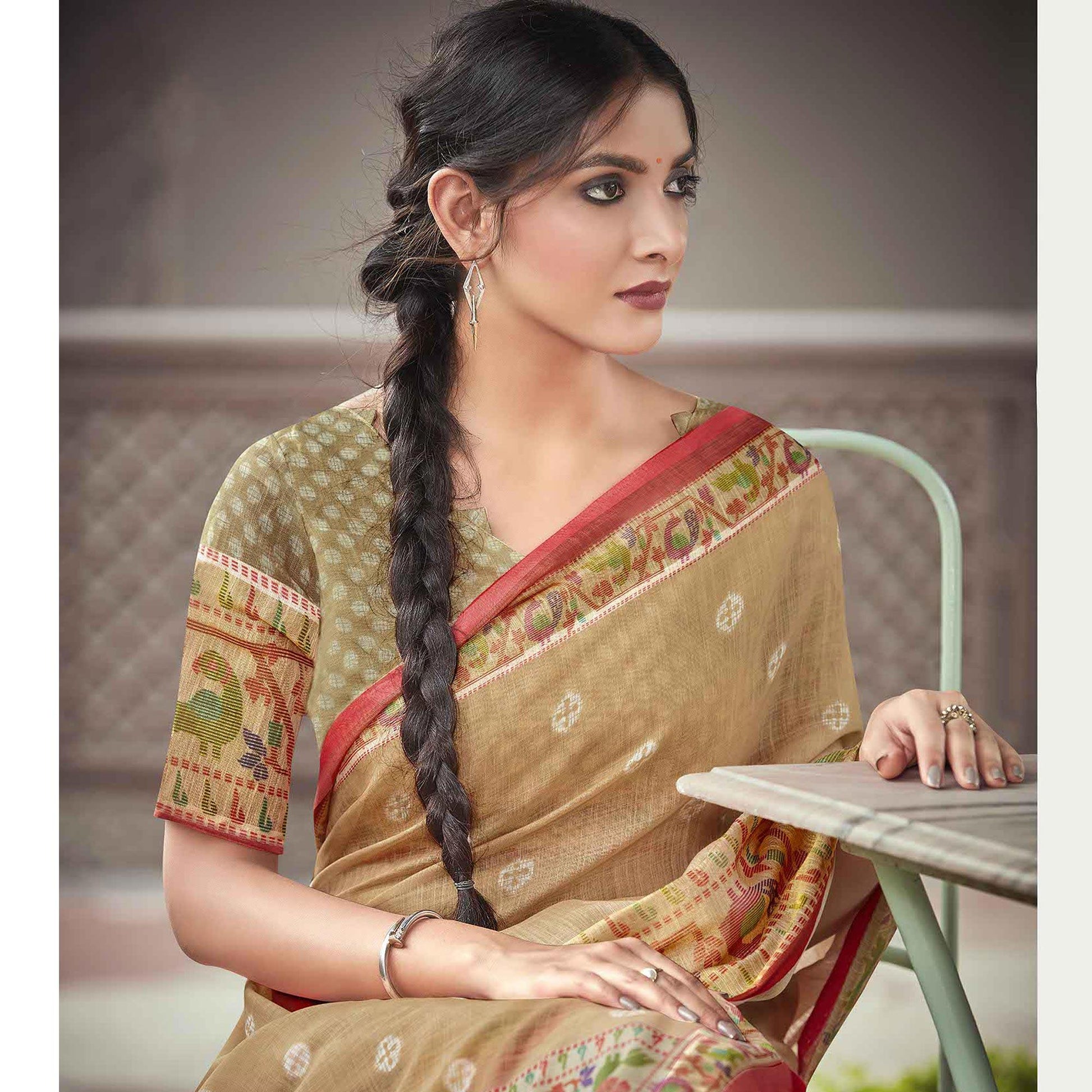 Light Brown Festive Wear Printed Linen Saree With Border