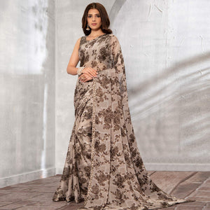Light Brown Floral Printed Chiffon Saree