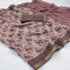 Light Brown Floral Printed Cotton Blend Saree