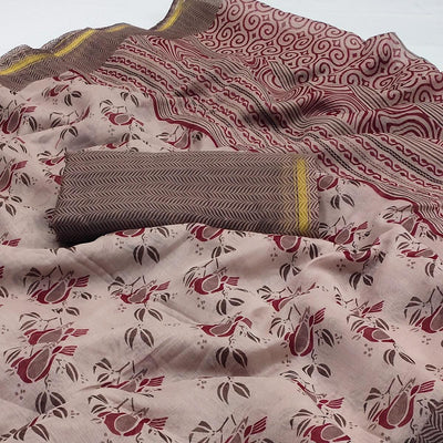 Light Brown Floral Printed Cotton Blend Saree