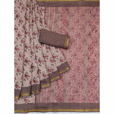 Light Brown Floral Printed Cotton Blend Saree