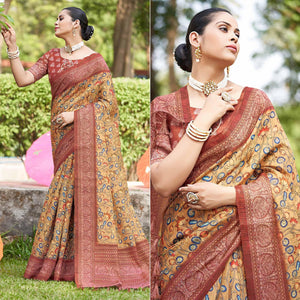 Light Brown Kalamkari Digital Printed Linen Saree With Tassels
