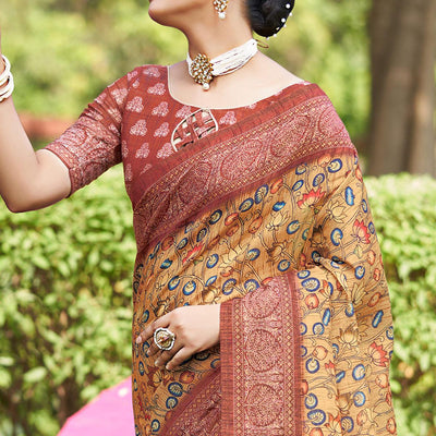 Light Brown Kalamkari Digital Printed Linen Saree With Tassels