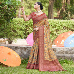 Light Brown Kalamkari Digital Printed Linen Saree With Tassels