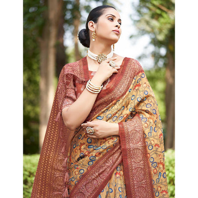 Light Brown Kalamkari Digital Printed Linen Saree With Tassels