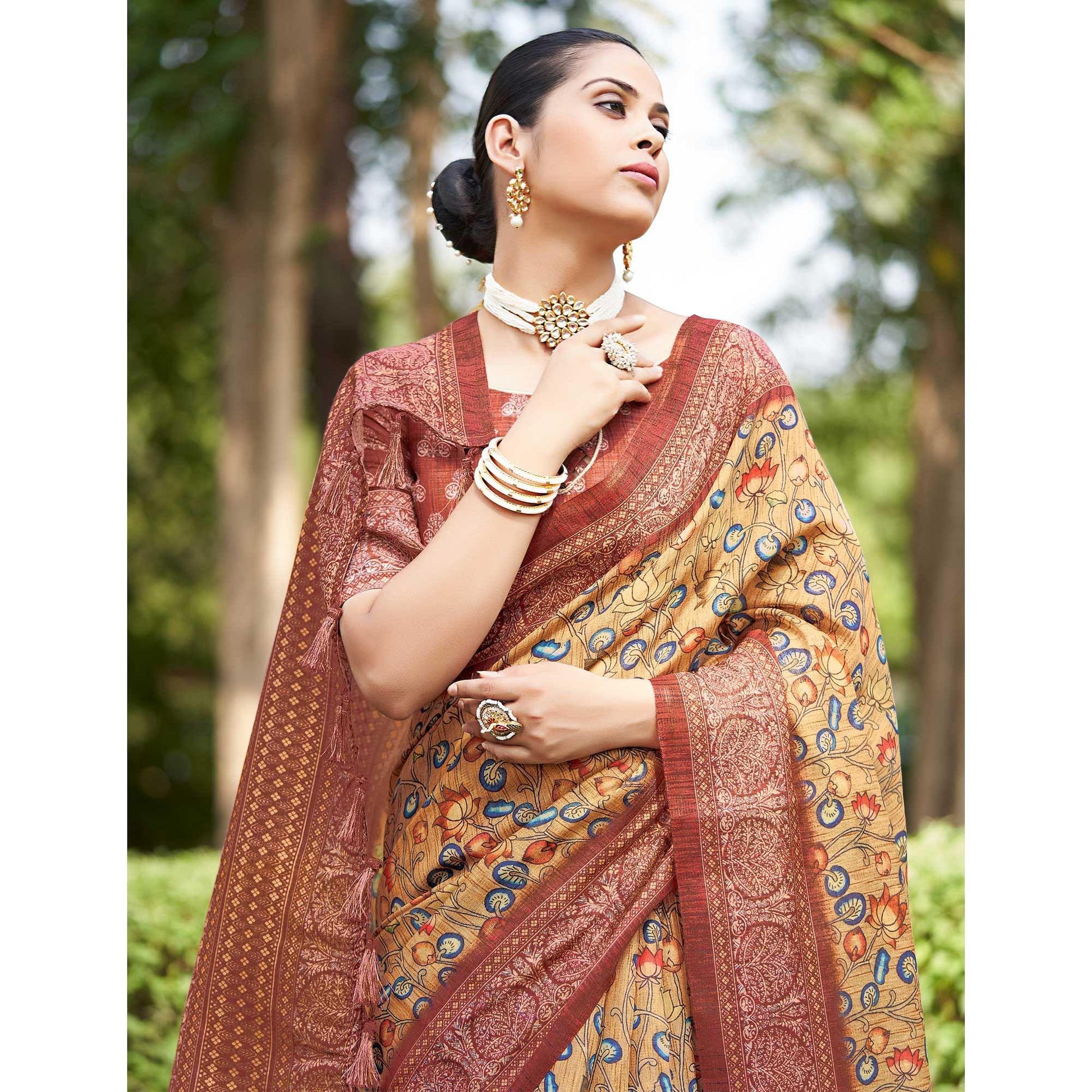 Light Brown Kalamkari Digital Printed Linen Saree With Tassels