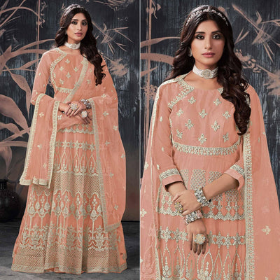 Light Brown Partywear Embroidery With Embellished Net Gown