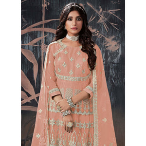 Light Brown Partywear Embroidery With Embellished Net Gown