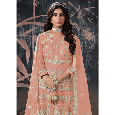Light Brown Partywear Embroidery With Embellished Net Gown