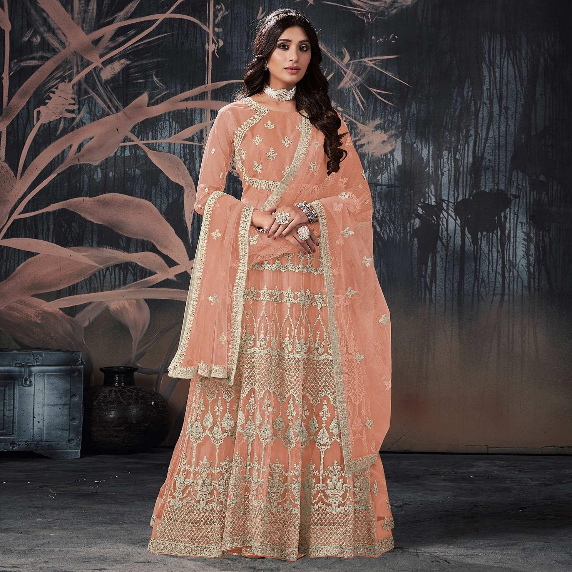 Light Brown Partywear Embroidery With Embellished Net Gown