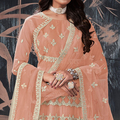 Light Brown Partywear Embroidery With Embellished Net Gown