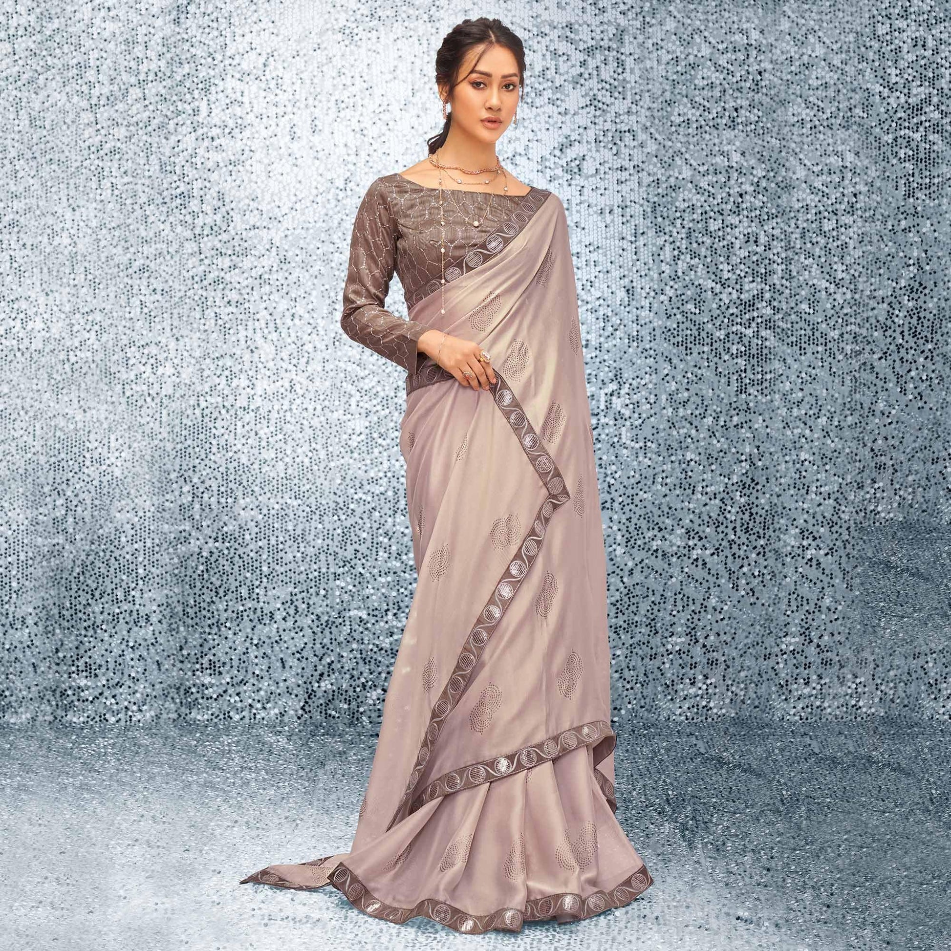 Light Brown Sequins Embroidered Chiffon Saree