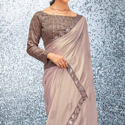 Light Brown Sequins Embroidered Chiffon Saree
