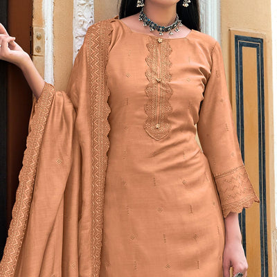 Light Brown Sequins Floral Embroidered Muslin Suit