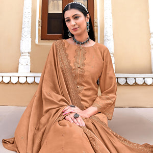 Light Brown Sequins Floral Embroidered Muslin Suit