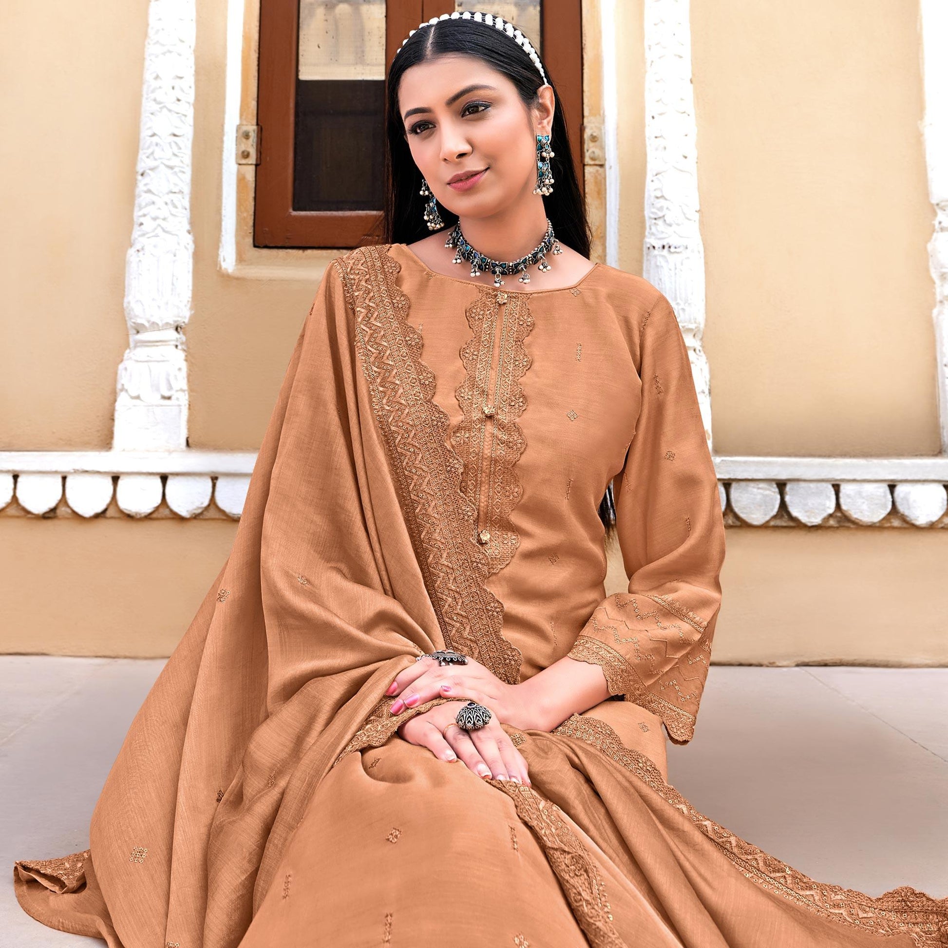Light Brown Sequins Floral Embroidered Muslin Suit