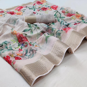 Light Cream Casual Wear Floral Digital Printed Georgatte Saree
