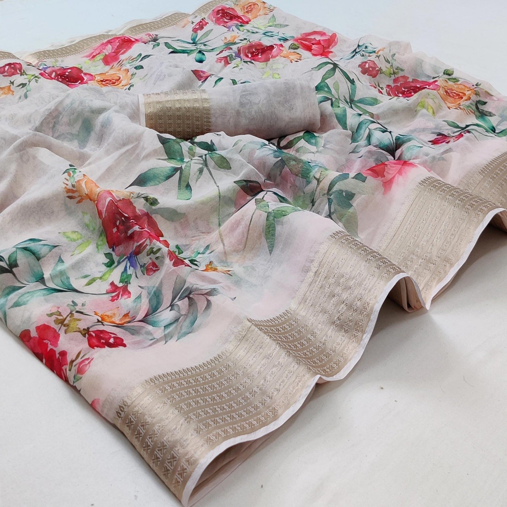 Light Cream Casual Wear Floral Digital Printed Georgatte Saree