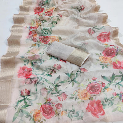 Light Cream Casual Wear Floral Digital Printed Georgatte Saree