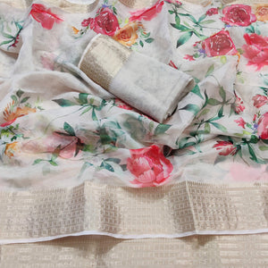 Light Cream Casual Wear Floral Digital Printed Georgatte Saree