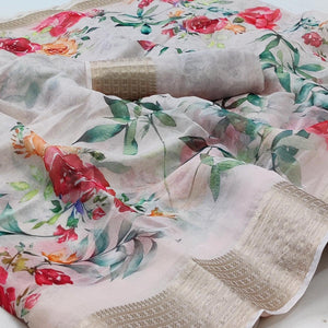 Light Cream Casual Wear Floral Digital Printed Georgatte Saree