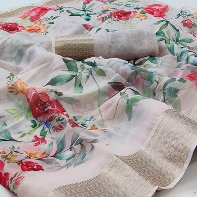 Light Cream Casual Wear Floral Digital Printed Georgatte Saree