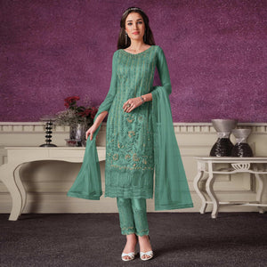 Light Cyan Floral Embroidery Designer Heavy Butterfly Net Partywear Suit