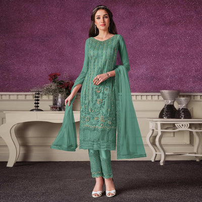 Light Cyan Floral Embroidery Designer Heavy Butterfly Net Partywear Suit
