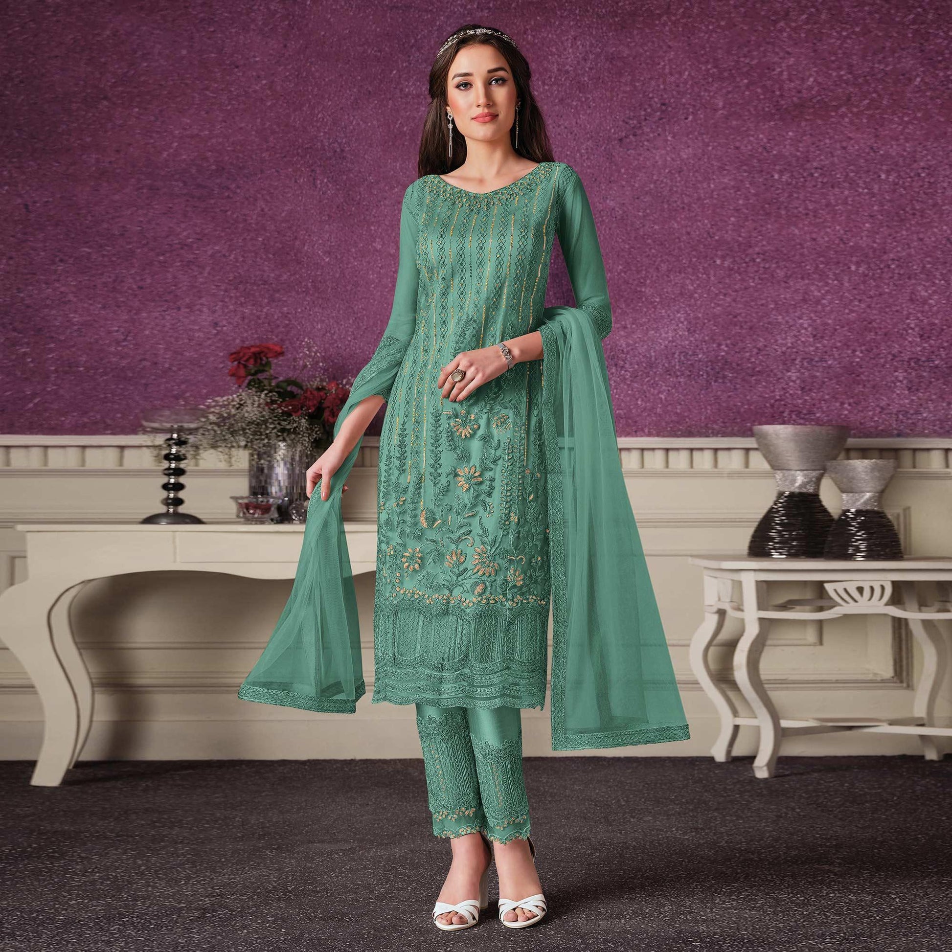 Light Cyan Floral Embroidery Designer Heavy Butterfly Net Partywear Suit