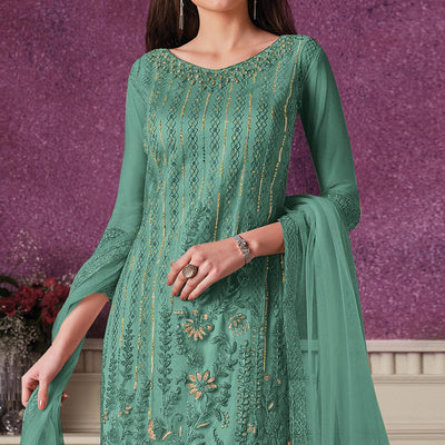 Light Cyan Floral Embroidery Designer Heavy Butterfly Net Partywear Suit