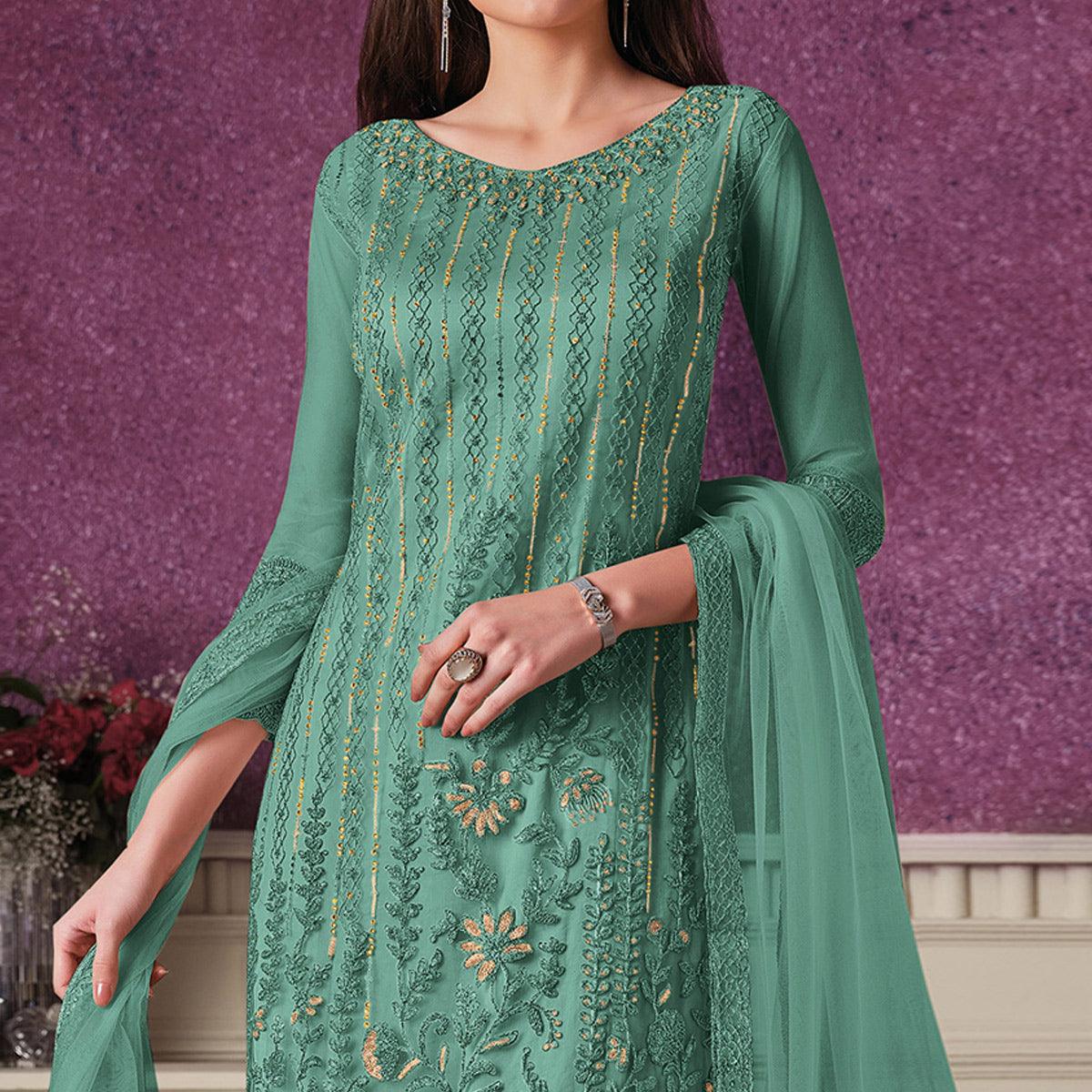 Light Cyan Floral Embroidery Designer Heavy Butterfly Net Partywear Suit