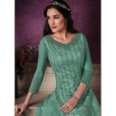 Light Cyan Floral Embroidery Designer Heavy Butterfly Net Partywear Suit