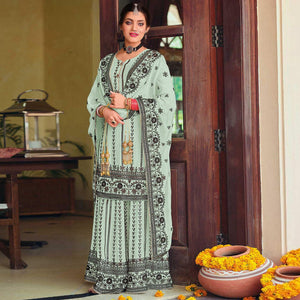 Light Cyan Green Partywear Designer Floral Embroidered Georgette Palazzo Suit