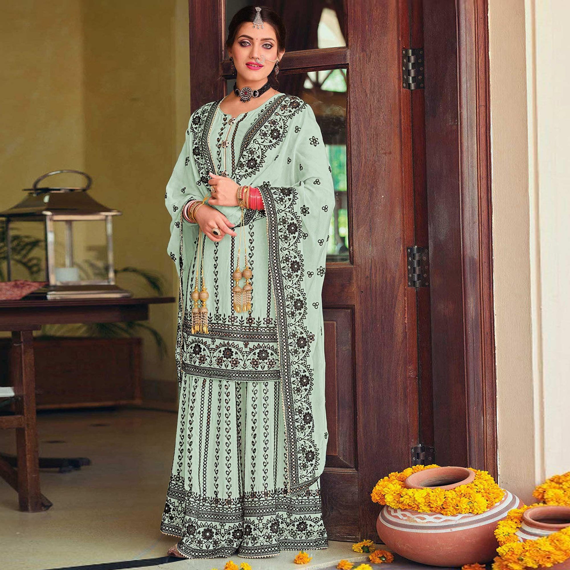 Light Cyan Green Partywear Designer Floral Embroidered Georgette Palazzo Suit
