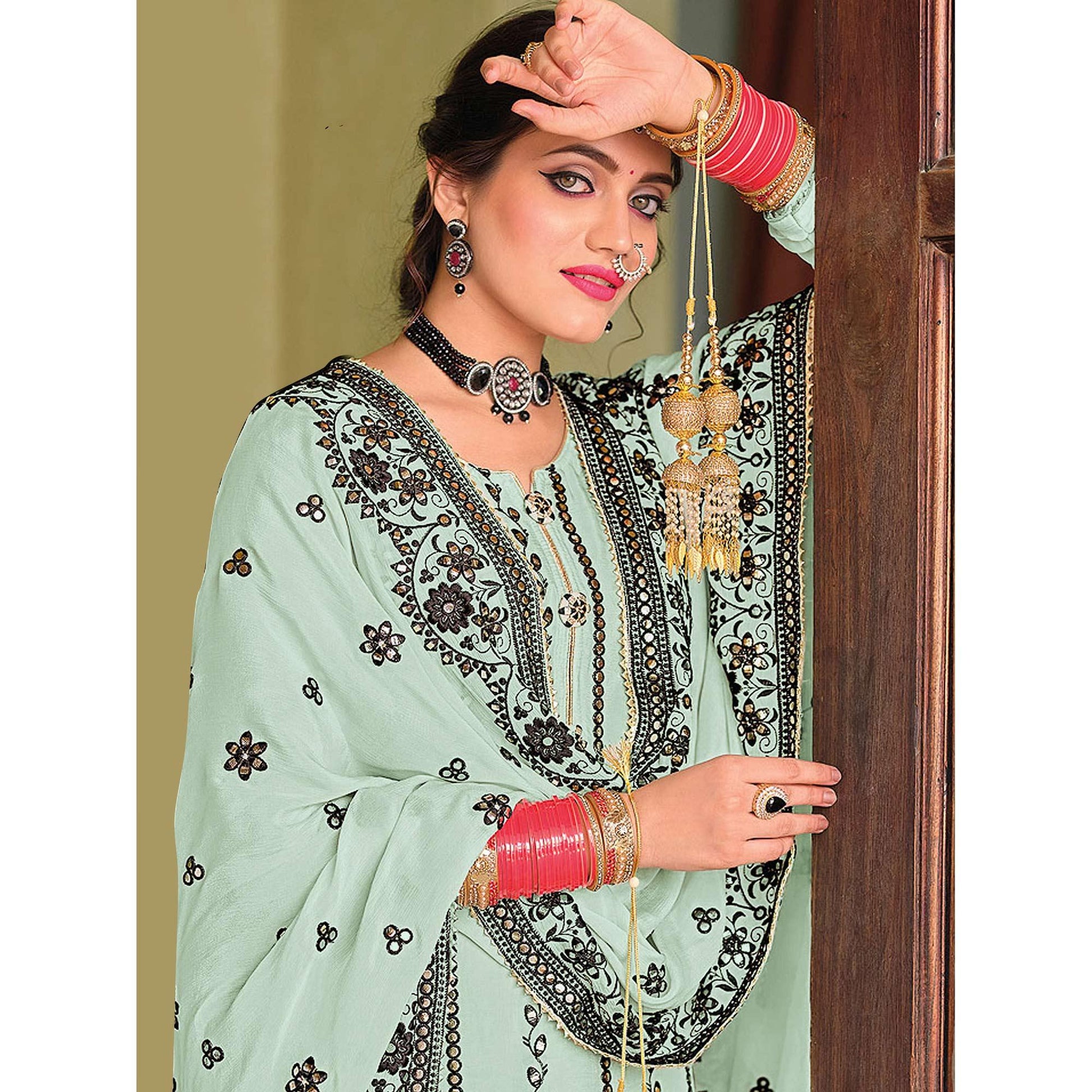 Light Cyan Green Partywear Designer Floral Embroidered Georgette Palazzo Suit