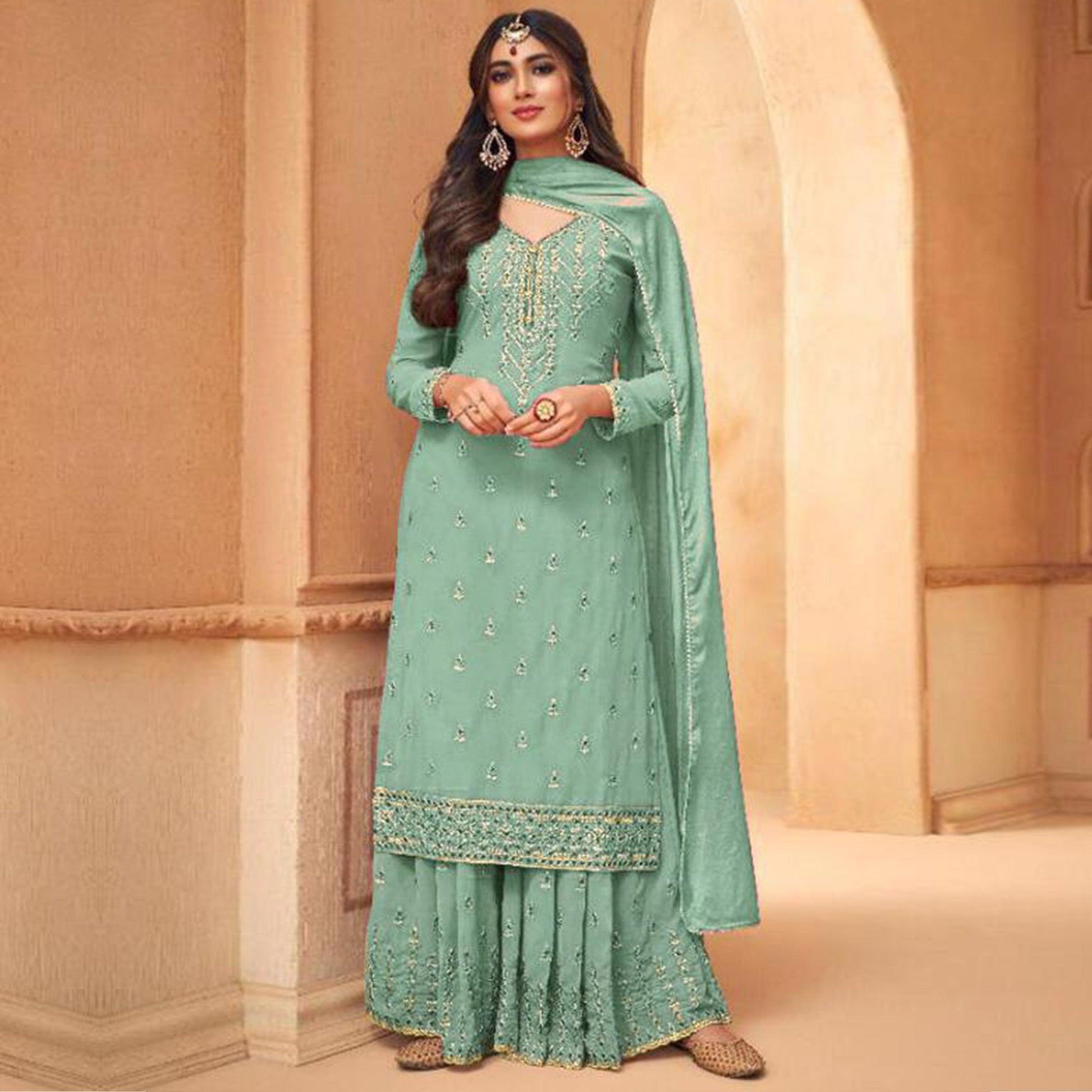 Light Cyan Partywear Designer Embroidery Heavy Faux Georgette  Salwar suit