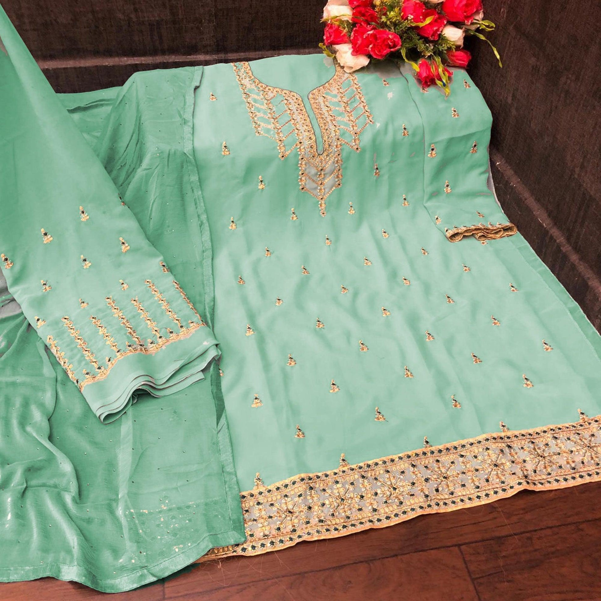 Light Cyan Partywear Designer Embroidery Heavy Faux Georgette  Salwar suit