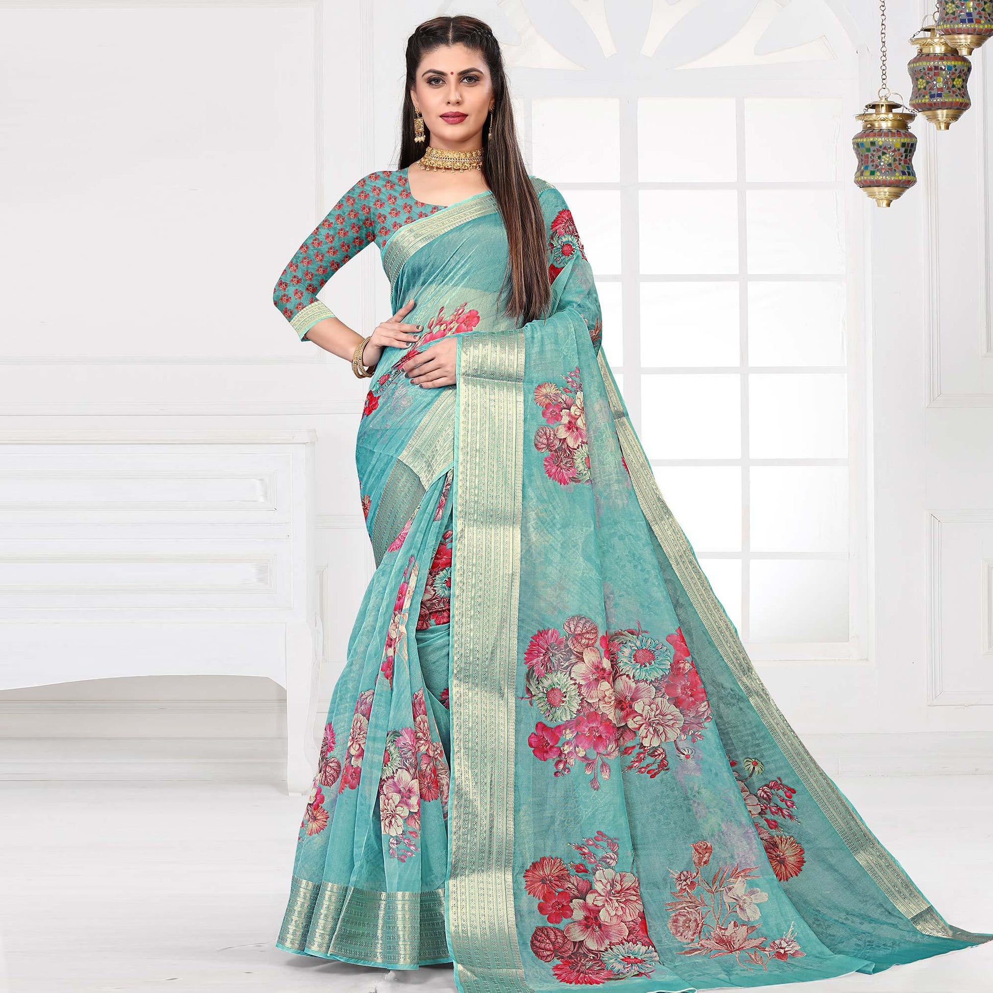 Light Ferozi Party Wear Floral Digital Printed With Jacquard Border Soft Georgette Saree