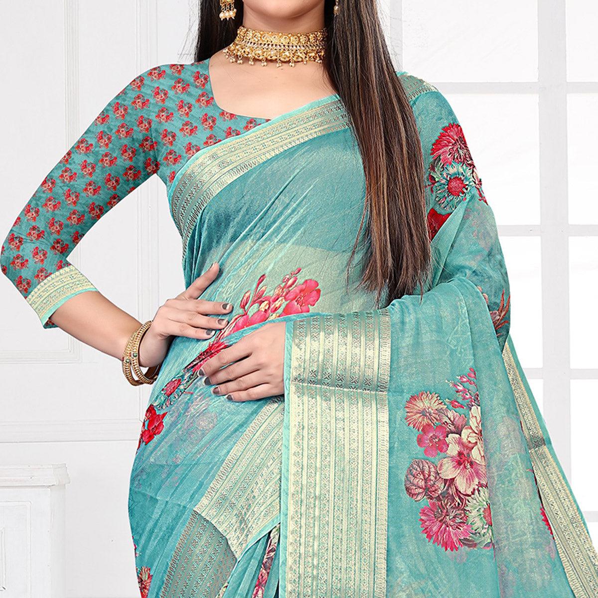 Light Ferozi Party Wear Floral Digital Printed With Jacquard Border Soft Georgette Saree