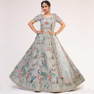 Light Firozi Wedding Wear Embellished Heavy Butterfly Net Lehenga Choli
