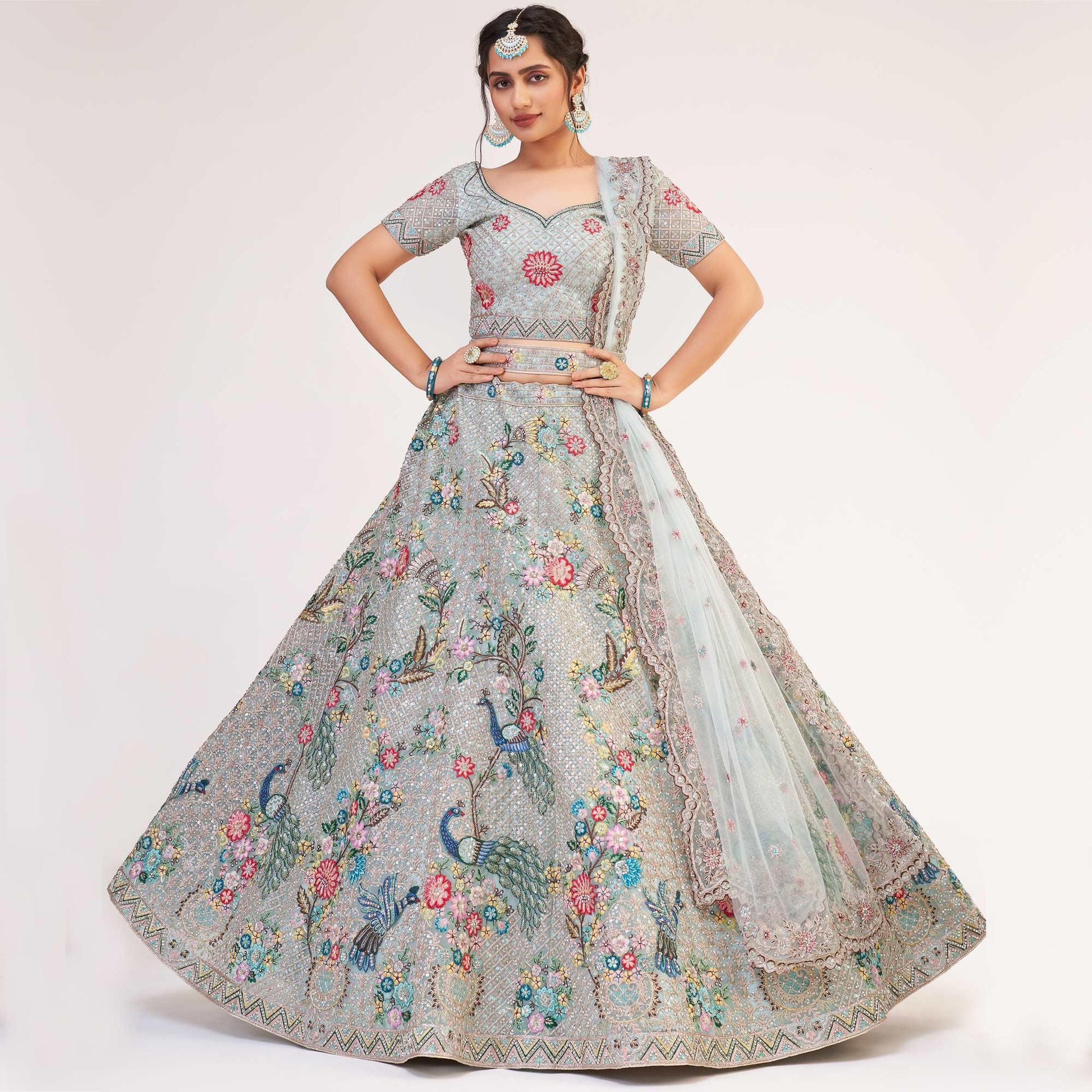 Light Firozi Wedding Wear Embellished Heavy Butterfly Net Lehenga Choli